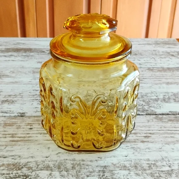 L E Smith Atterbury Scroll Imperial Glass Canister Apothecary Jar Amber Vintage - Picture 1 of 8